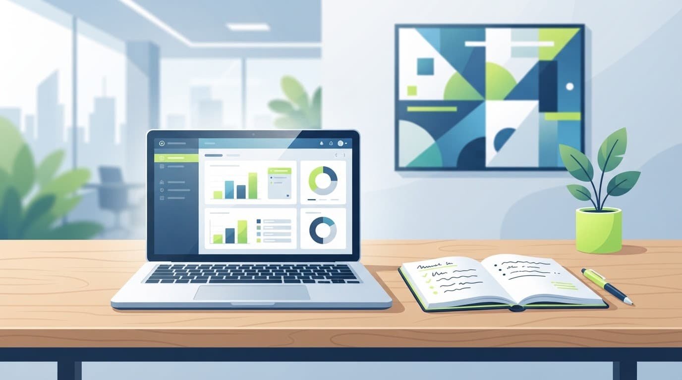 Laptop and notebook arranged on a clean modern business desk.