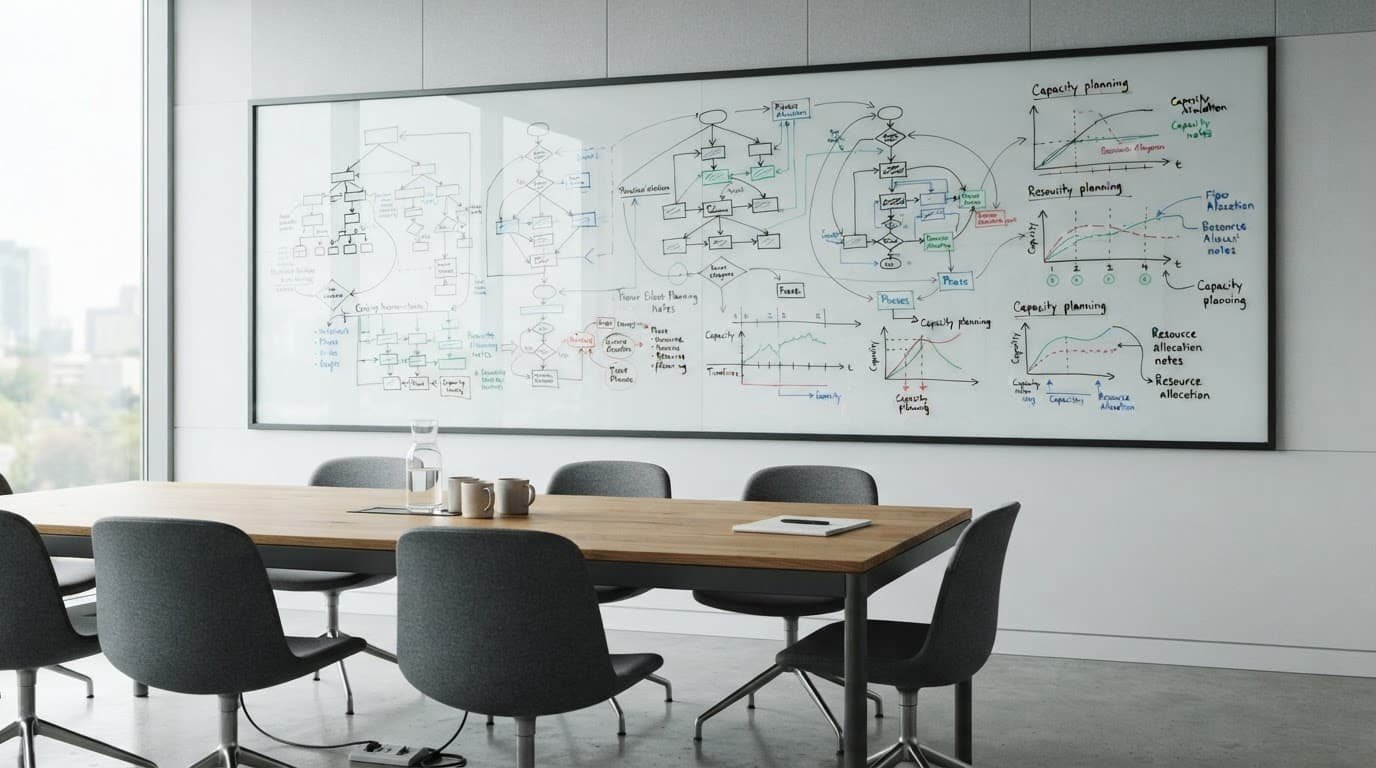 An empty modern meeting room with workflow diagrams on a glass whiteboard.