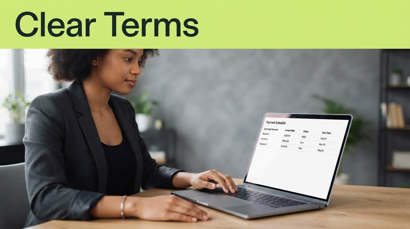 Laptop showing a payment schedule beneath a lime Clear Terms banner with relaxed hands nearby.