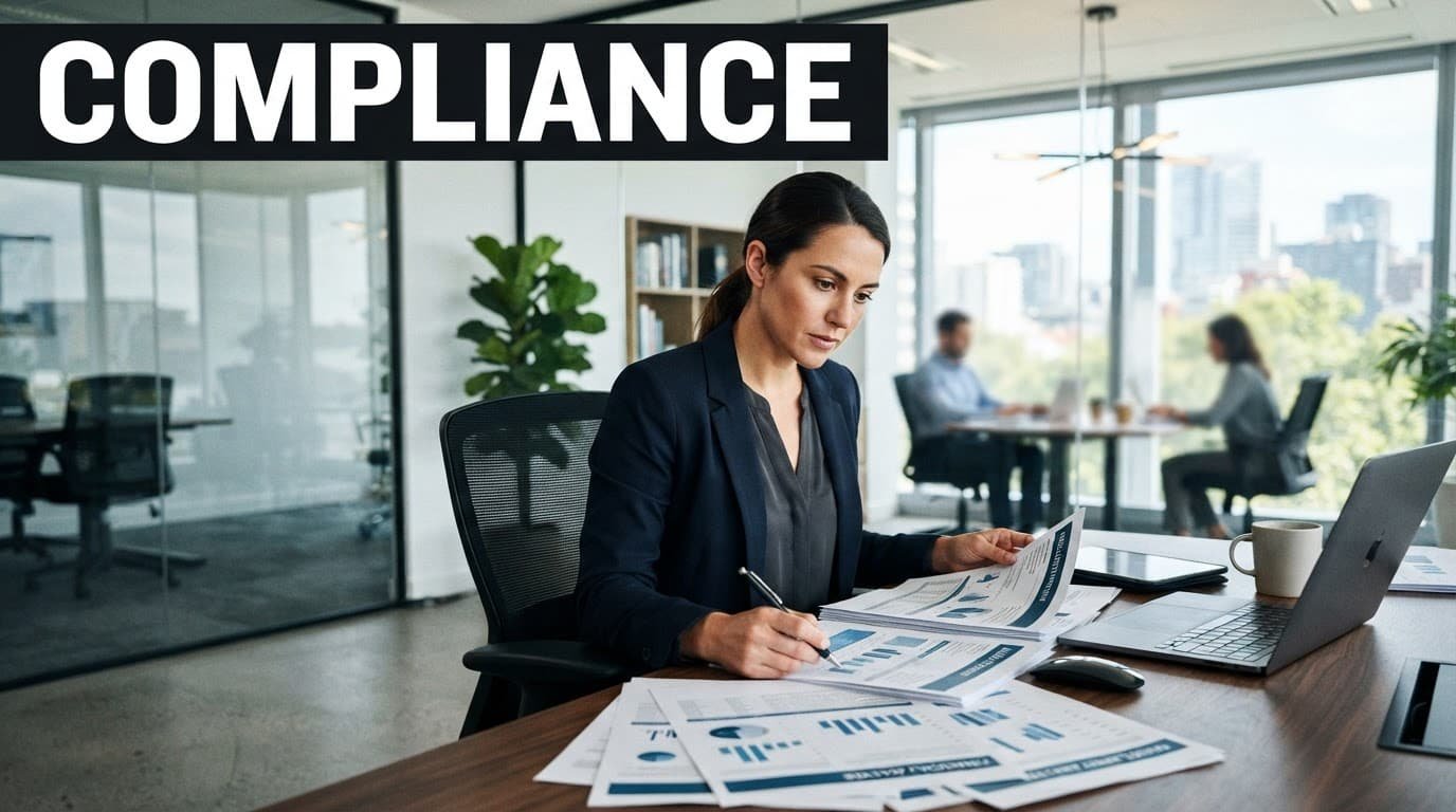 A finance professional reviews compliance reports in a modern office beneath a Compliance headline.