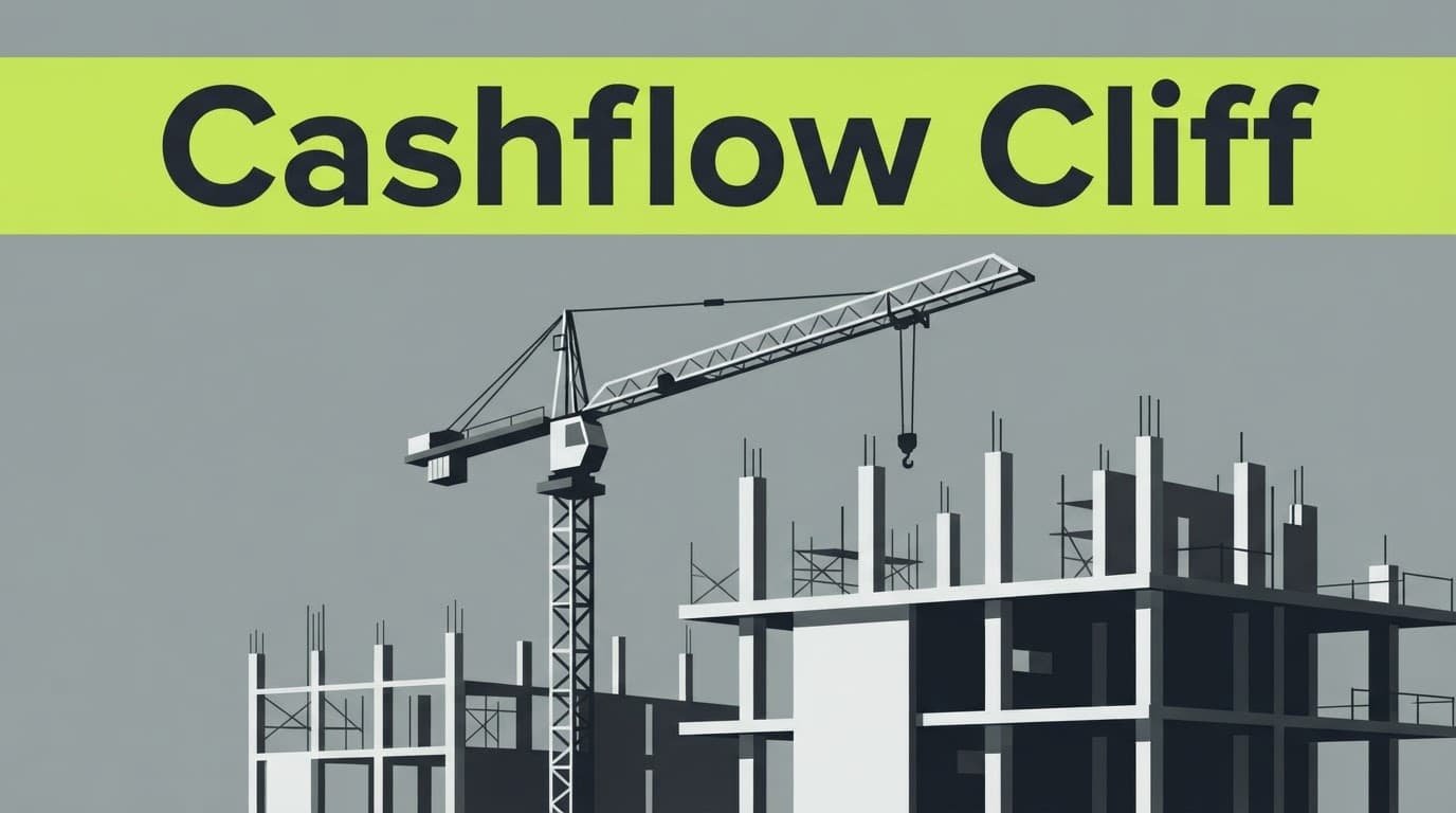 Lime headline band above a crane and unfinished building frames on a grey background.