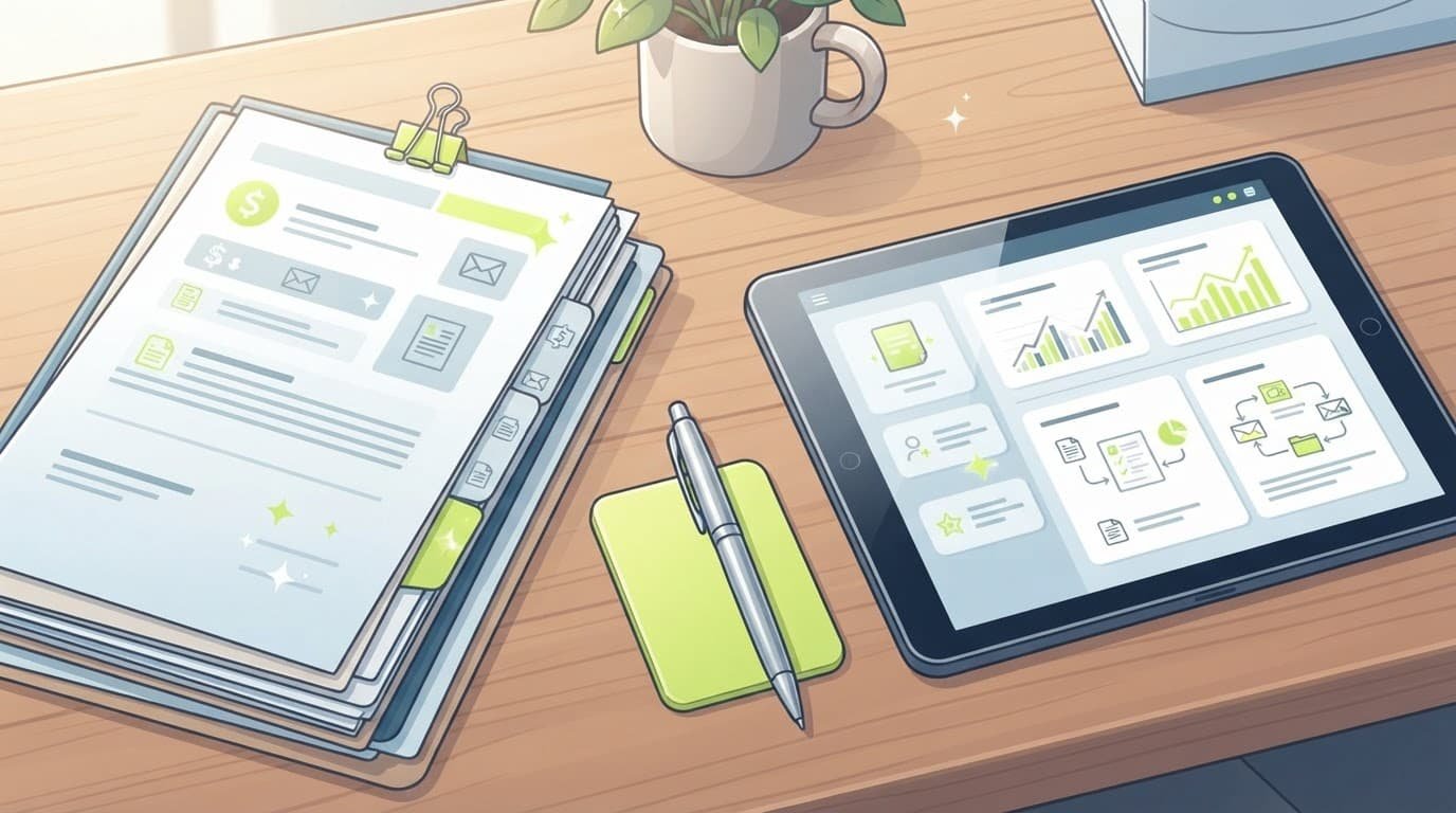 Paper files, a tablet, and a pen arranged on a clean wooden desk.