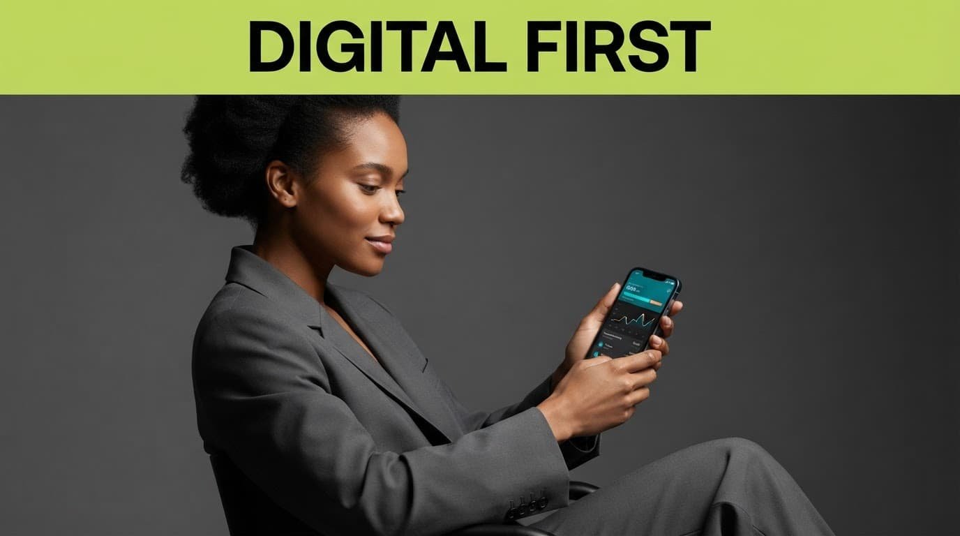 Relaxed hands hold a smartphone displaying a minimalist finance app below a lime Digital First banner.
