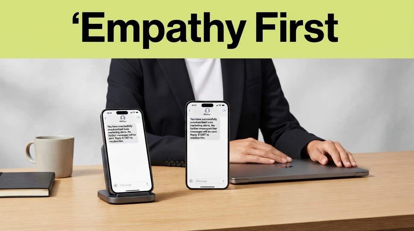 A smartphone shows an opt-out message beside relaxed hands beneath an Empathy First headline.