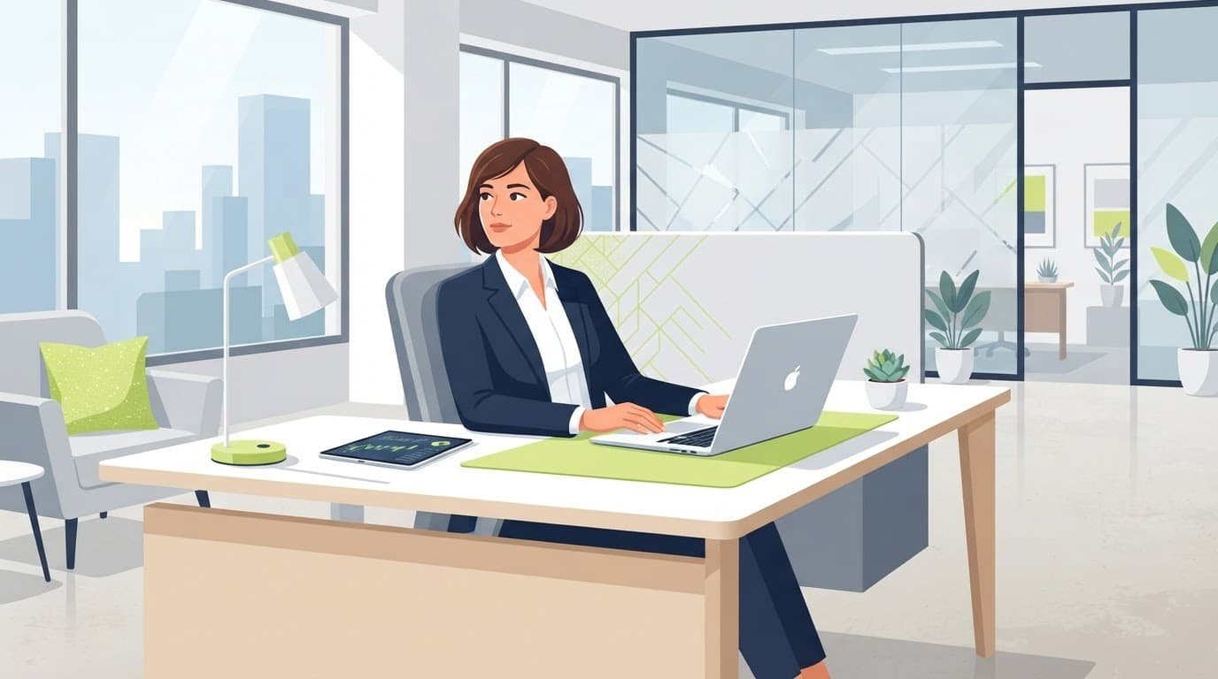 A relaxed professional sits at a minimalist desk with bright lime accents.