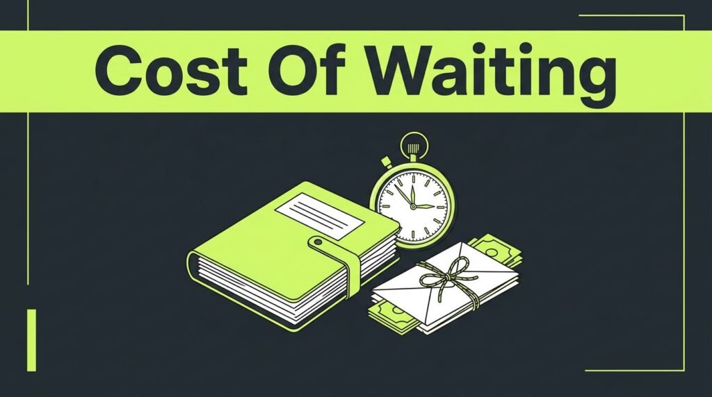 An overdue invoice folder, stopped clock, and tied cash envelopes sit beneath a lime banner.