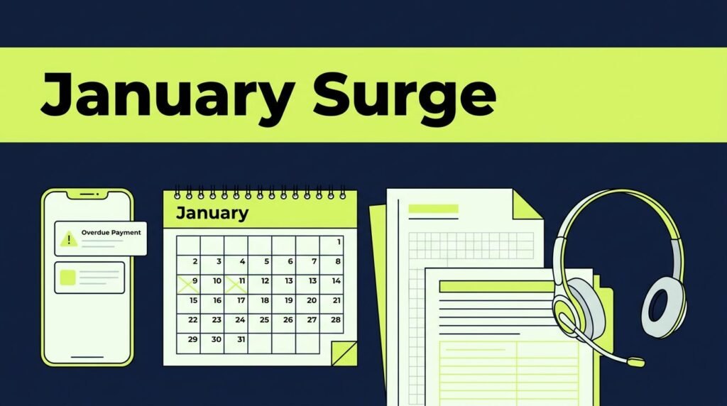 Desk with a phone, January calendar, recovery papers, headset, and lime banner.