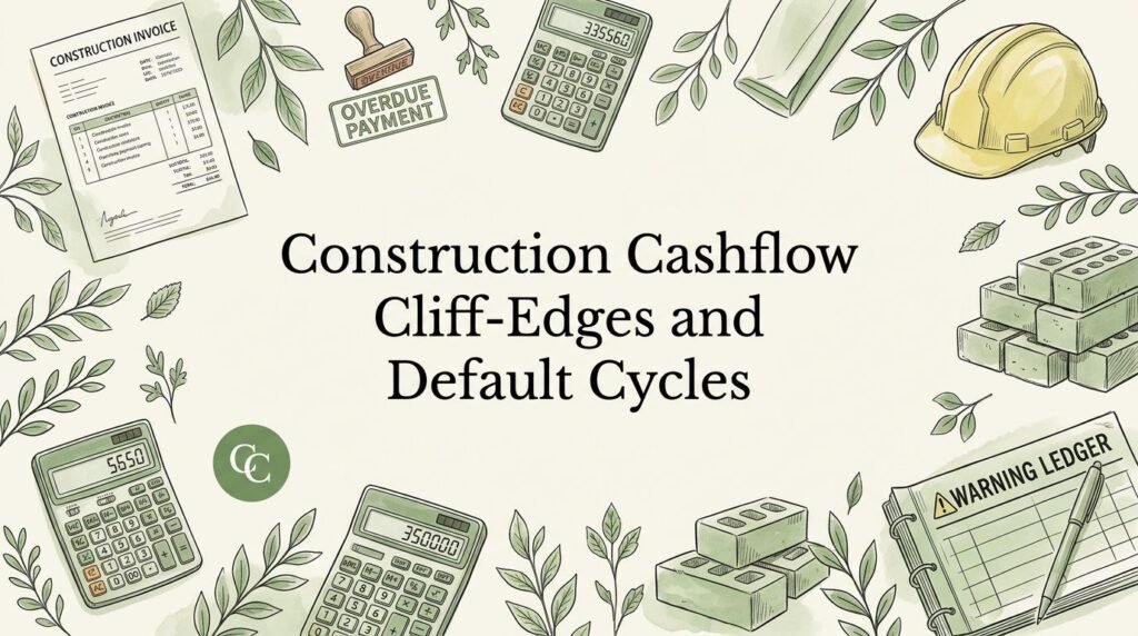Illustrated construction finance title surrounded by invoices, bricks, a hard hat, and leafy sprigs.