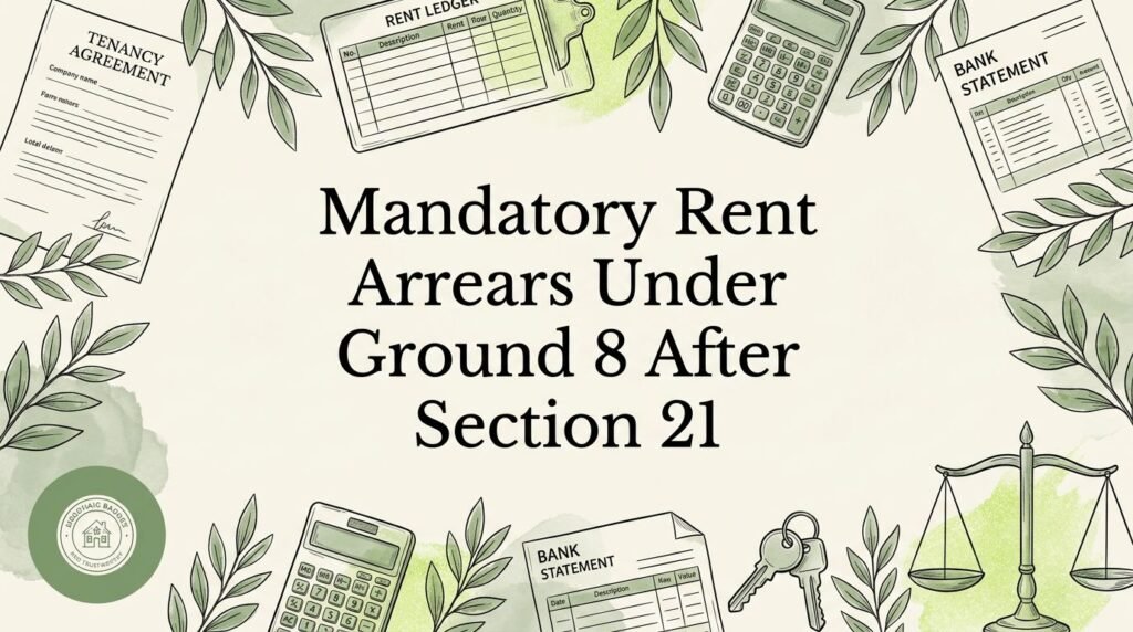 Green legal illustration with rent records, keys, scales, and a central Ground 8 arrears title.