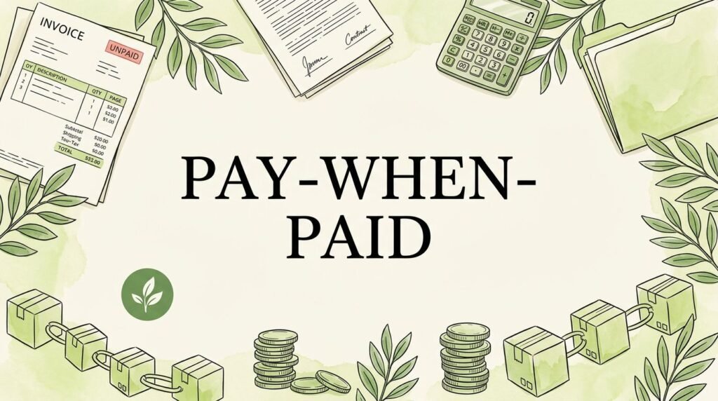 Illustration of a pay-when-paid contract surrounded by invoices, documents, coins, and supply-chain boxes.