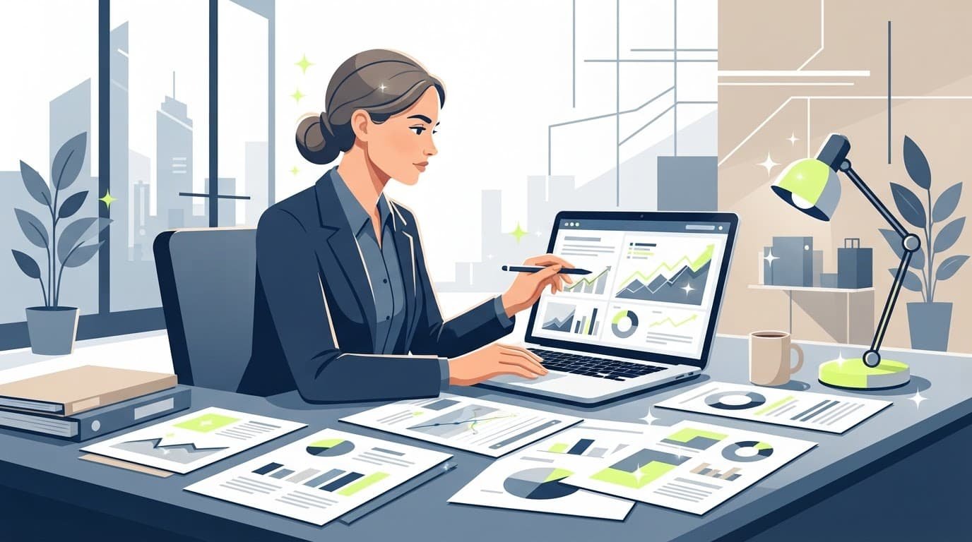 Professional reviewing financial reports beside a laptop with bright lime accents.