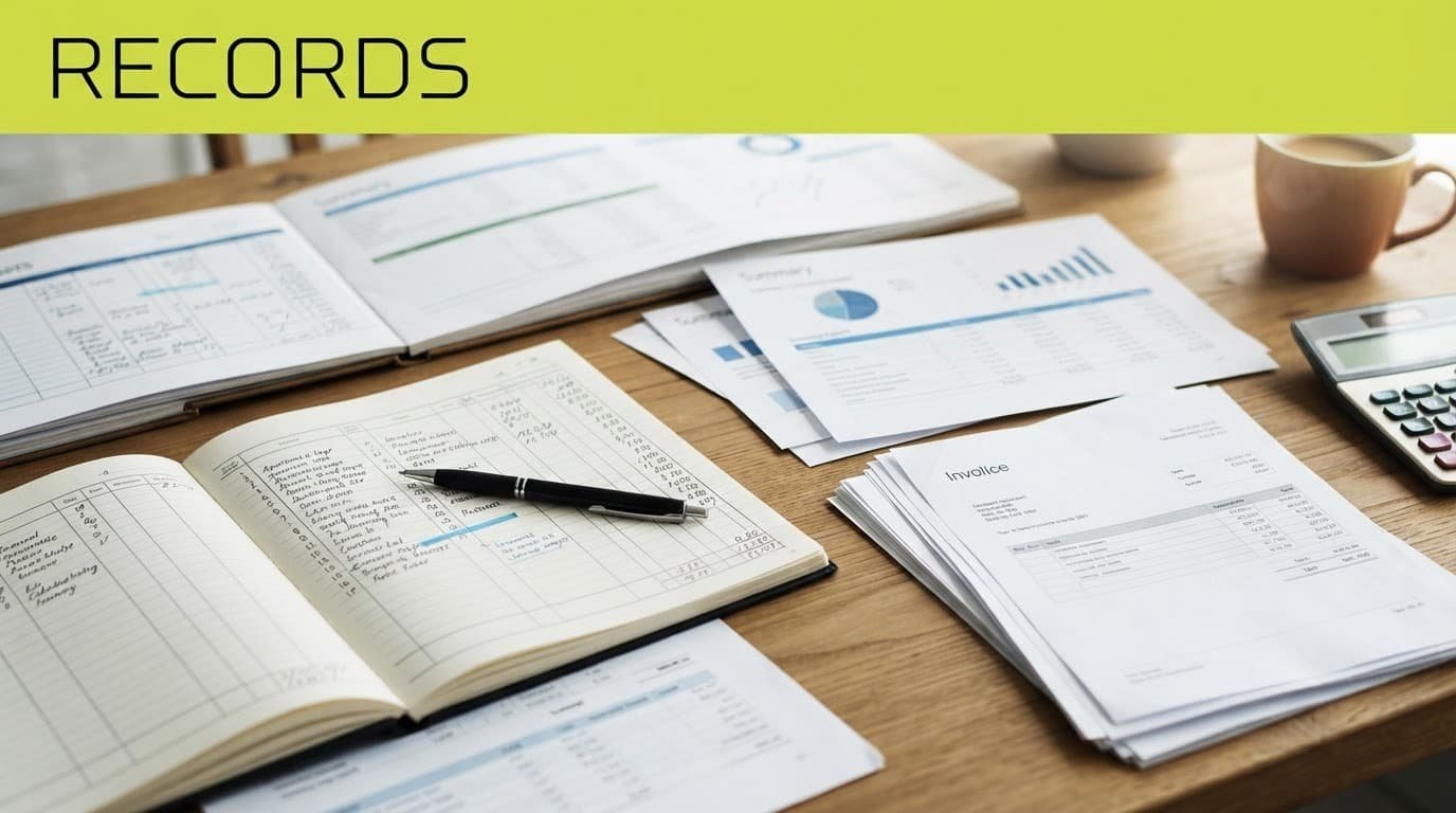 Financial reports and open ledgers arranged on a wooden desk.