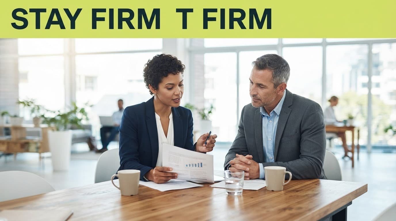 Two professionals discuss a document across a wooden office table beneath a lime STAY FIRM banner.