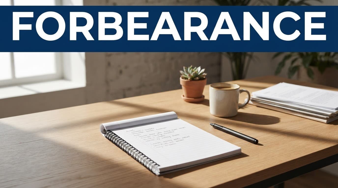A notepad and pen sit on a sunlit desk beneath a Forbearance headline.
