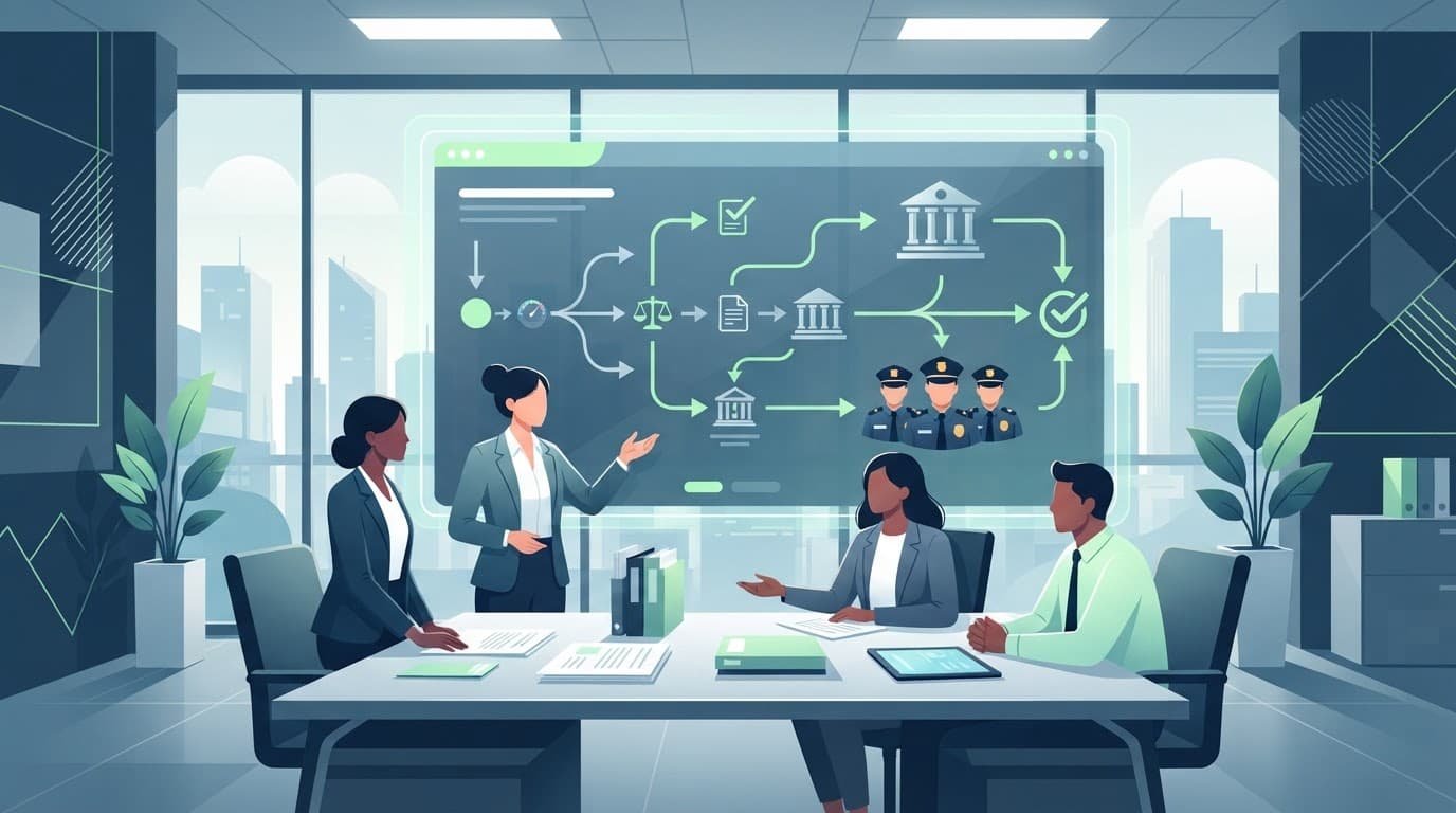 Balanced scales and legal documents sit beside branching enforcement paths in a modern office.