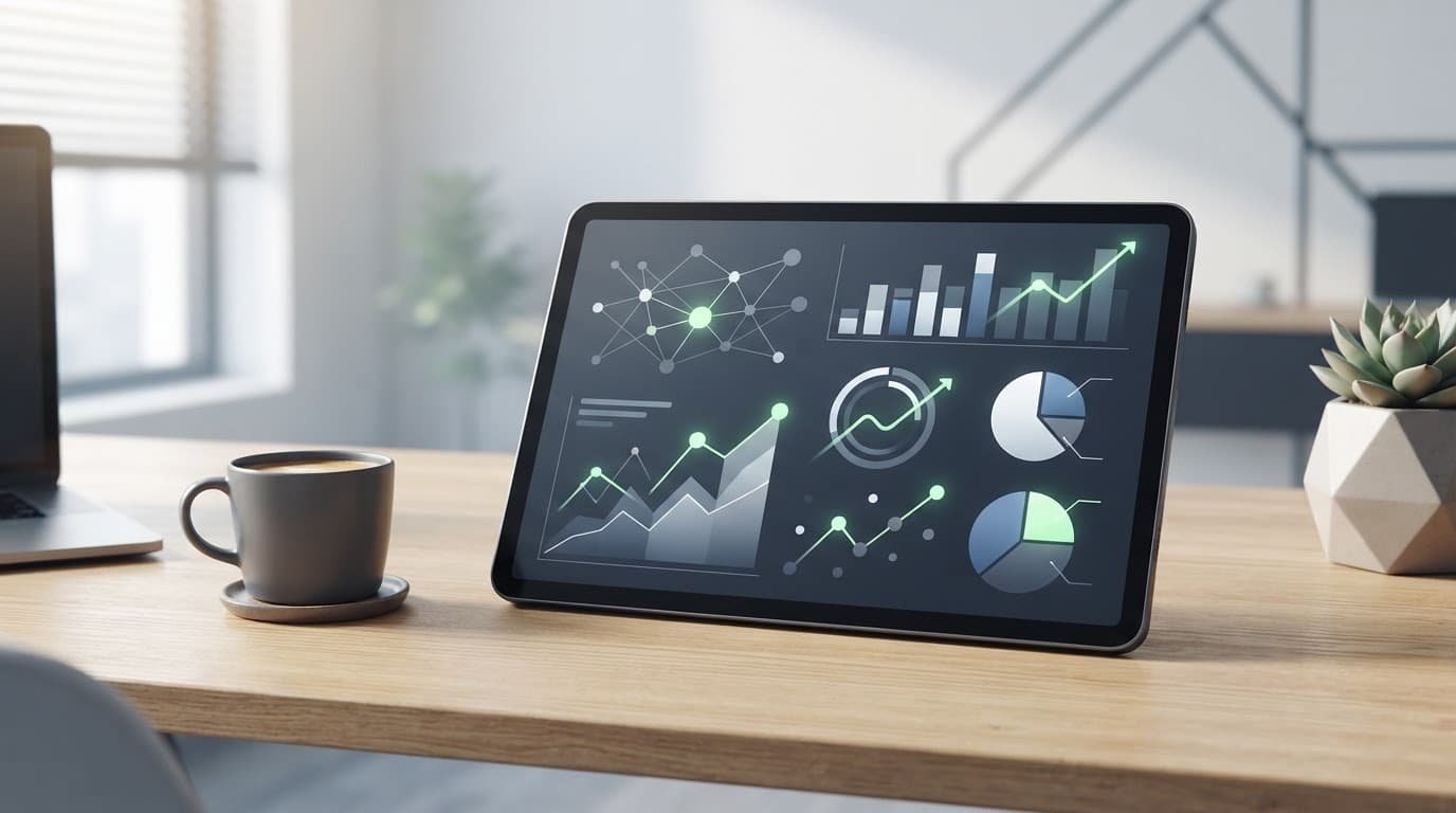 Tablet with abstract charts and a coffee cup on a minimalist desk.