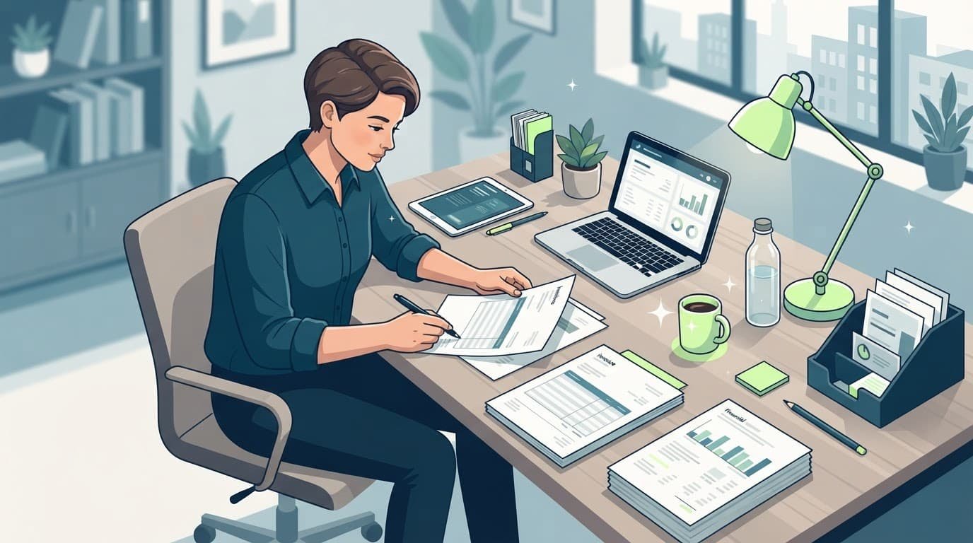 A business owner reviews overdue invoices and financial notes at a wooden desk.