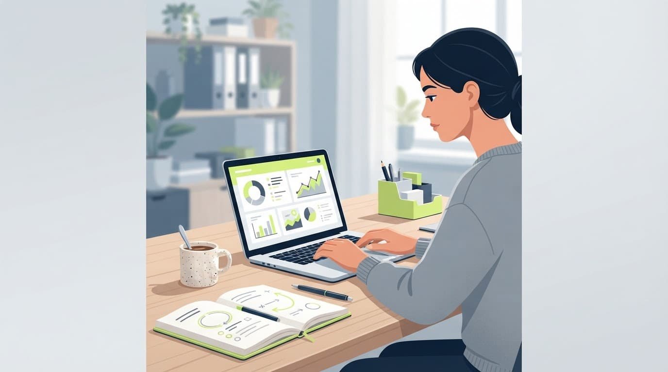 A worker at a desk with a laptop, notebook, and coffee cup.