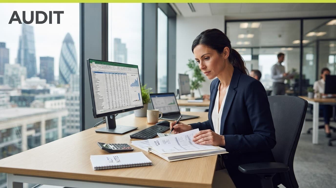 An accountant reviews invoices and financial papers at a desk in a bright modern office.